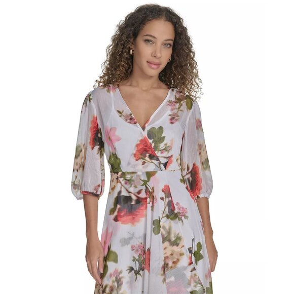 Calvin Klein White Floral-print Faux-wrap Chiffon High-low Dress 4 41894 - Picture 2 of 14